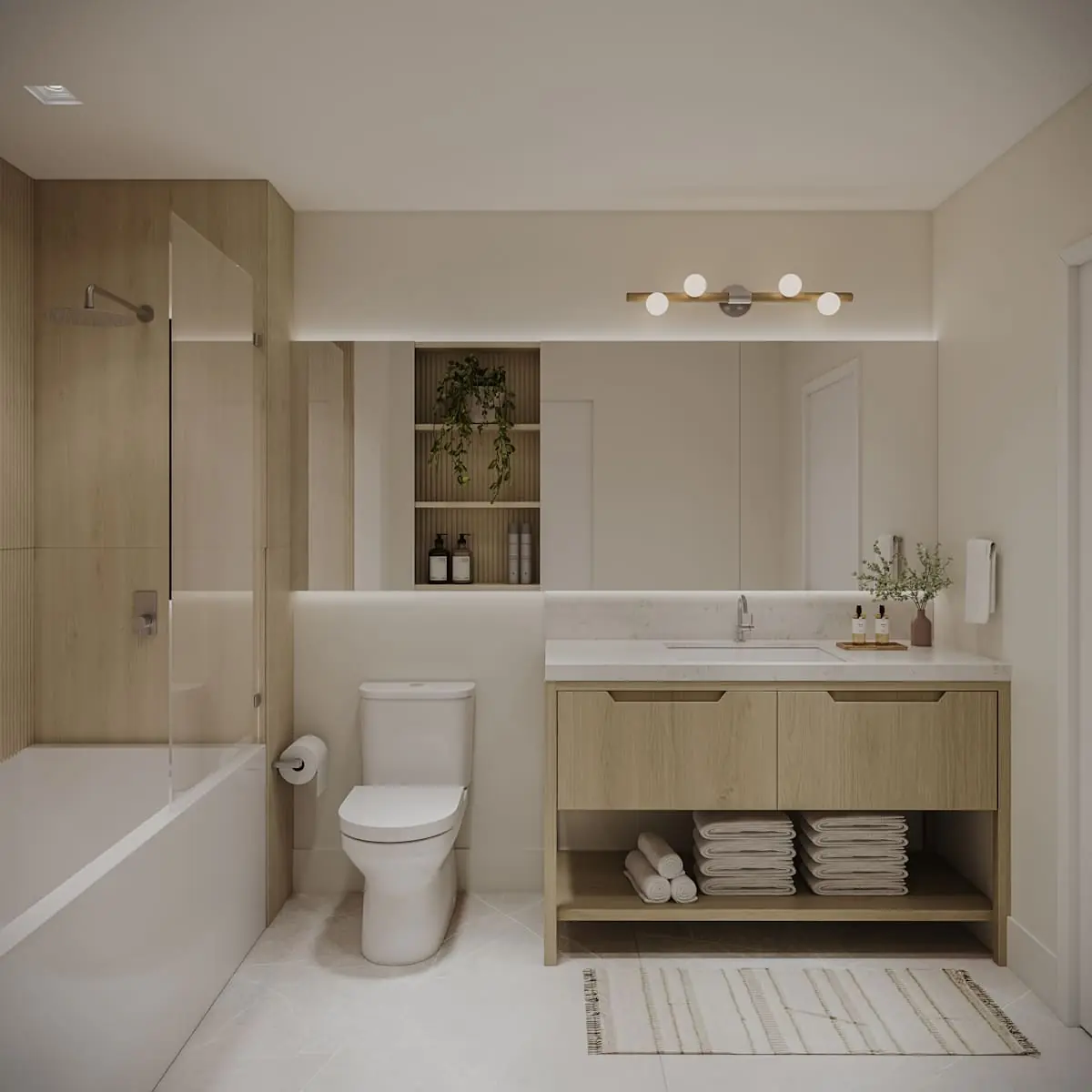 Botanic Residences Residence B bathroom with oak vanity, open shelving and tub-shower combination
