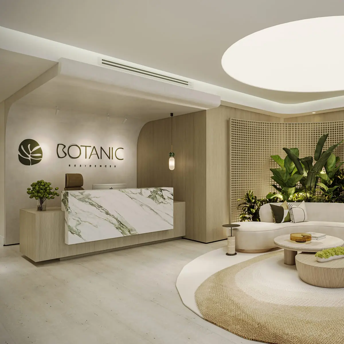 Botanic Residences lobby reception with marble front desk and backlit brand wall, Miami