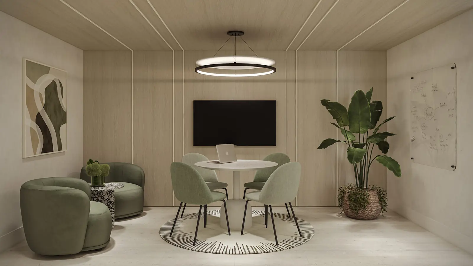 Botanic Residences private meeting room with round table, whiteboard wall and screen, Miami
