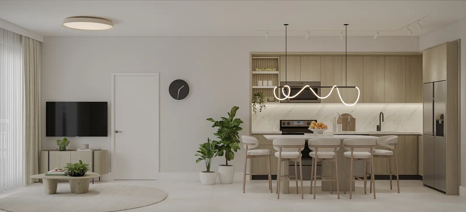 Botanic Residences Residence B kitchen with custom oak cabinetry, stainless appliances and island seating