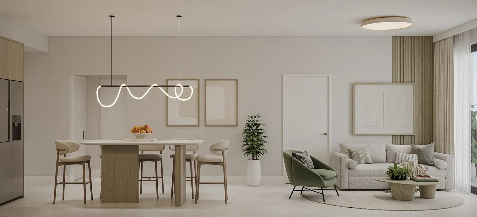 Botanic Residences Residence B open living and dining area with island seating and sculptural pendants