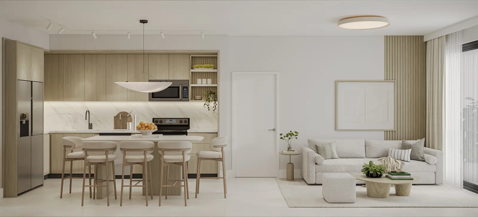 Botanic Residences Residence N kitchen island with counter stools and adjoining living room
