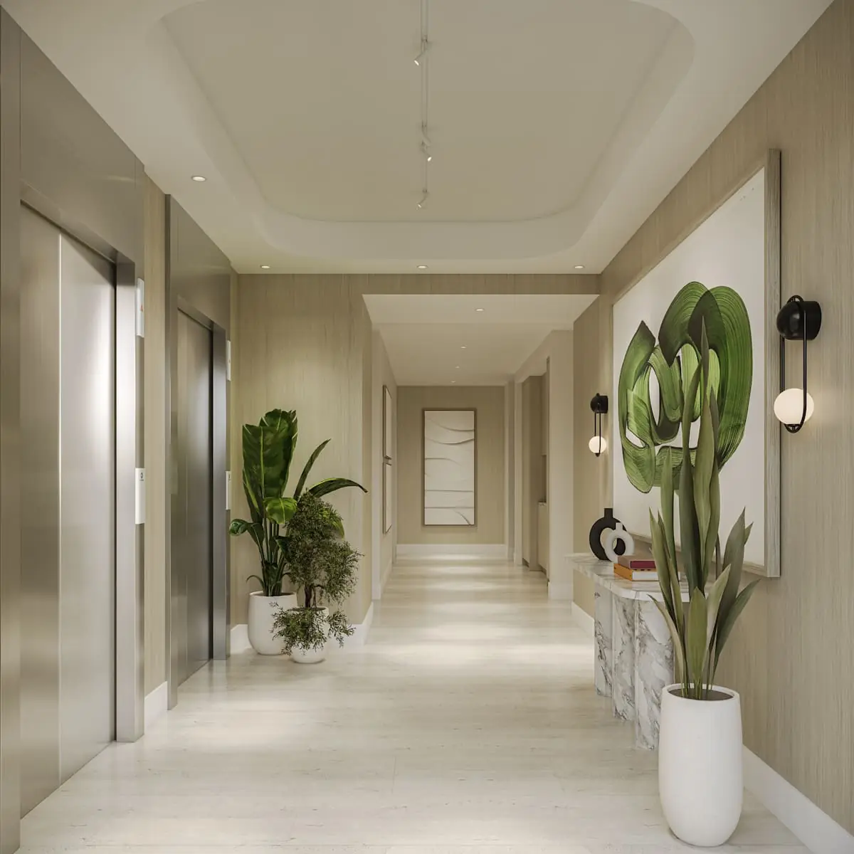 Botanic Residences elevator foyer and residential corridor with timber panelling and planters, Miami