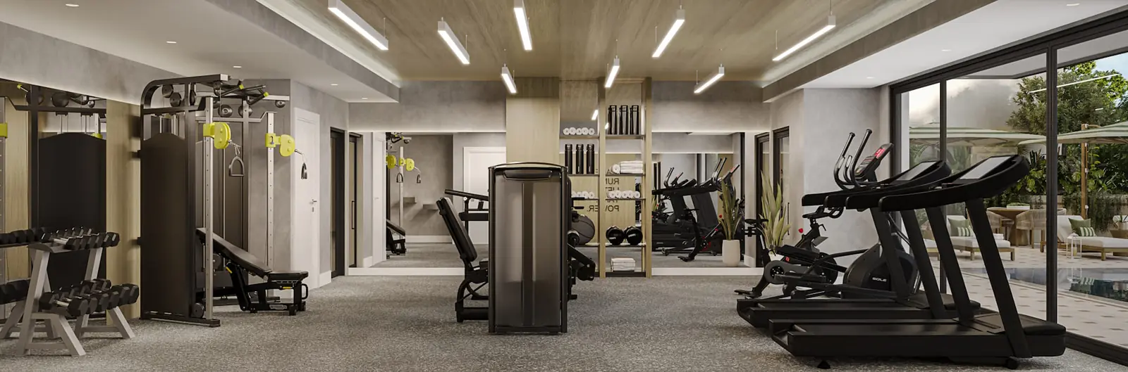 Botanic Residences fitness center with strength machines, free weights and timber slat ceiling, Miami