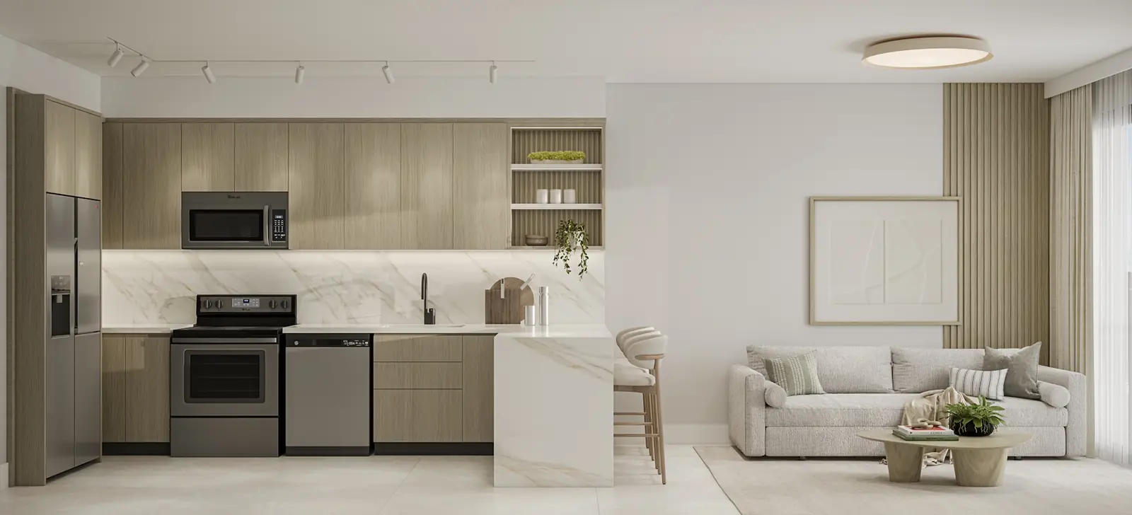 Botanic Residences Residence F kitchen with waterfall island opening onto the living area