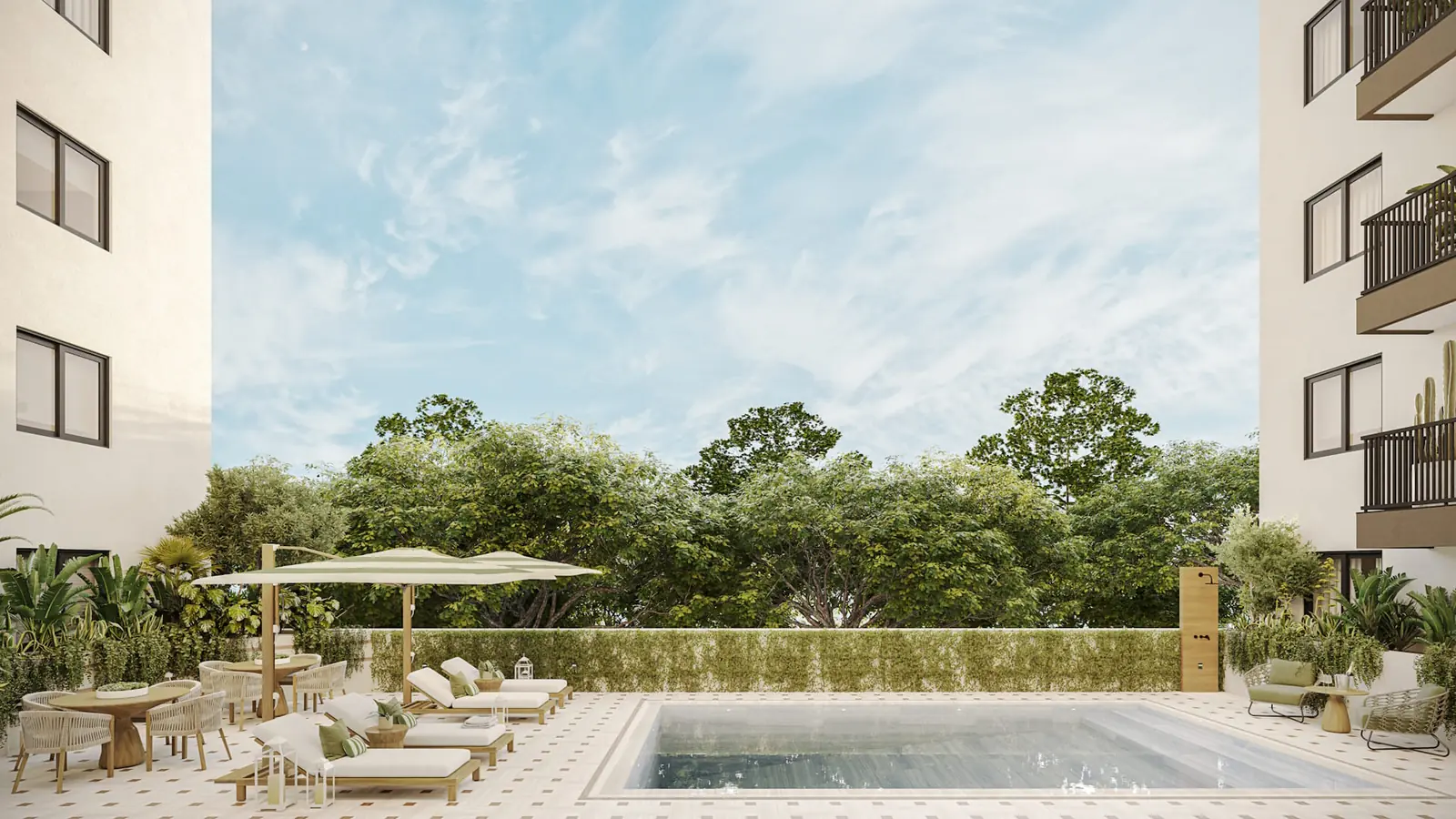 Botanic Residences pool deck with loungers, umbrellas and mature tree canopy, Miami