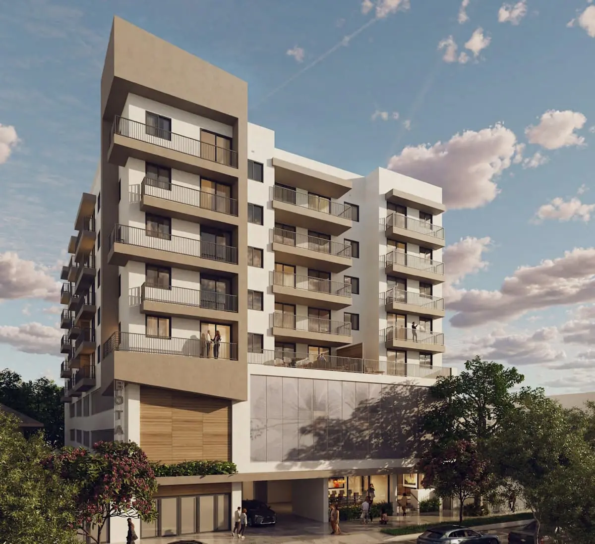 Botanic Residences eight-story boutique condominium exterior facade with balconies, West Brickell Miami