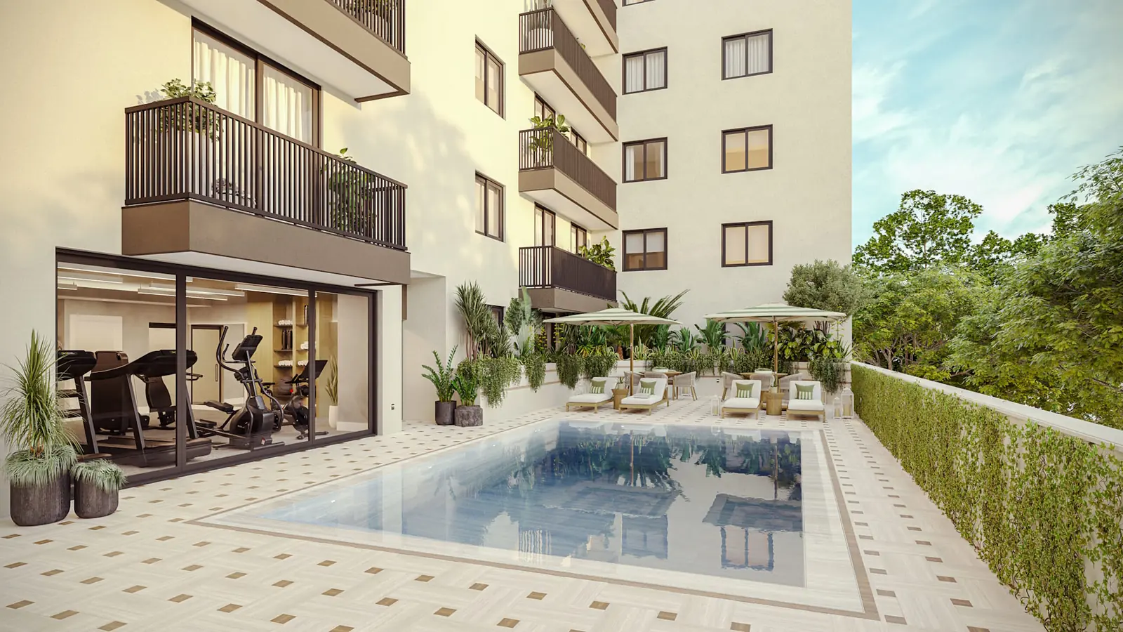 Botanic Residences courtyard pool with sun deck and hedged garden terrace, Miami