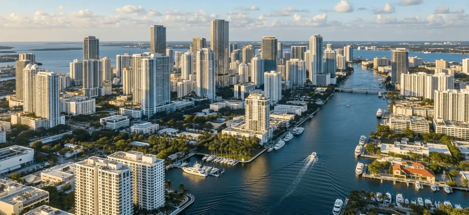 Aerial of the Miami River waterway with marinas and the Brickell skyline near Botanic Residences