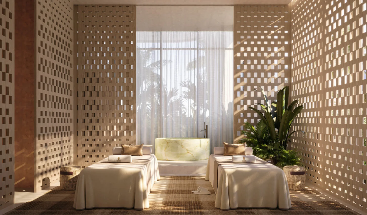 Banyan Tree Residences West Palm Beach spa treatment room with paired beds and perforated screens