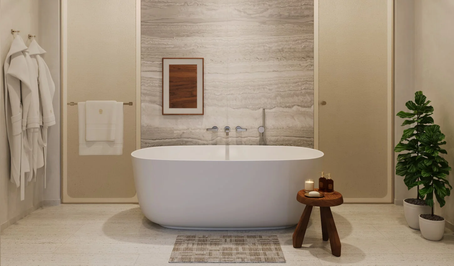 Banyan Tree Residences West Palm Beach primary bathroom with freestanding soaking tub and travertine wall