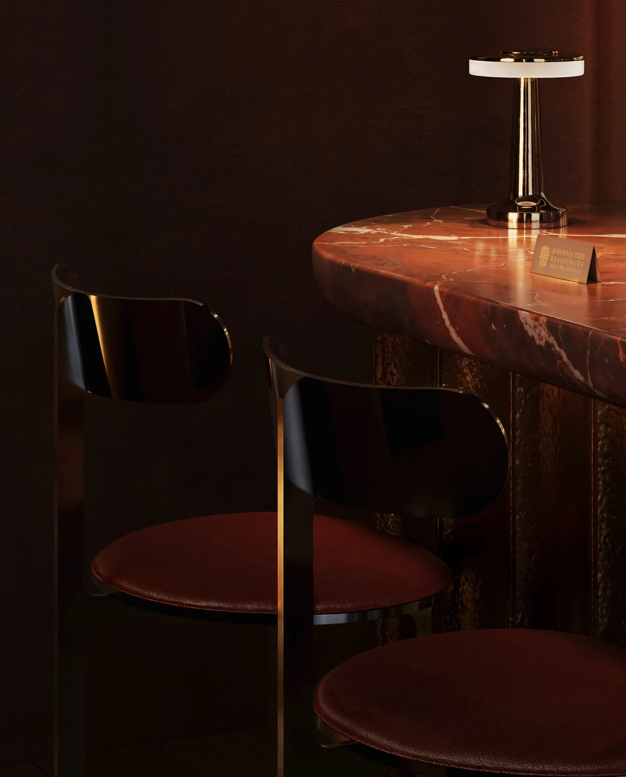 Banyan Tree Residences West Palm Beach Speakeasy lounge with red marble table and leather bar stools