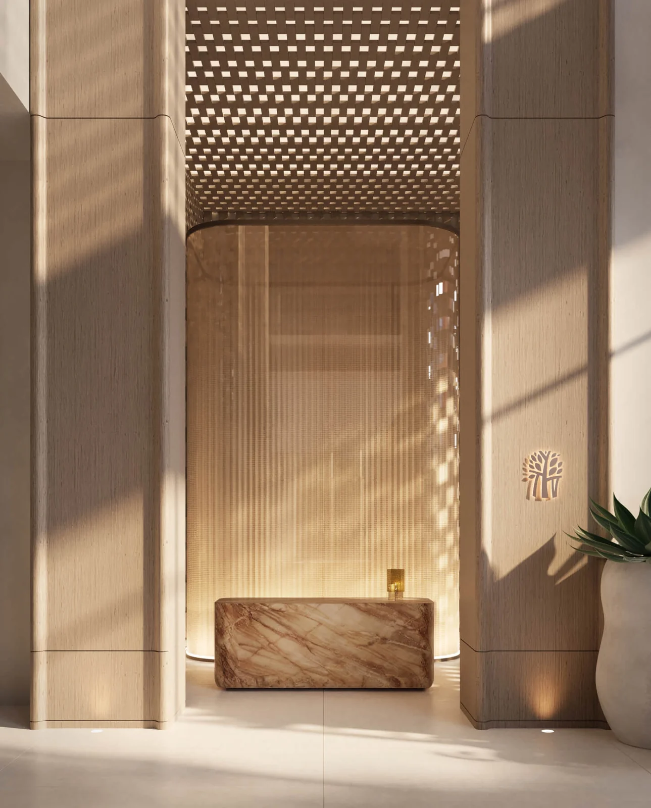 Banyan Tree Residences West Palm Beach wellness floor corridor with perforated screen and stone bench