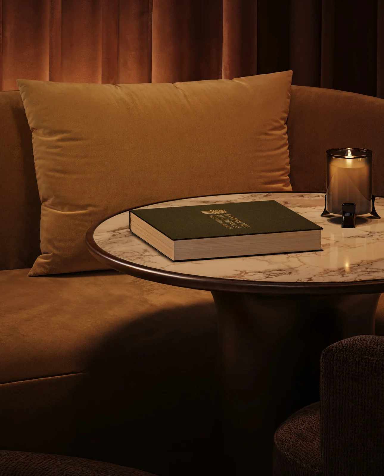 Banyan Tree Residences West Palm Beach residents lounge with velvet seating and marble side table