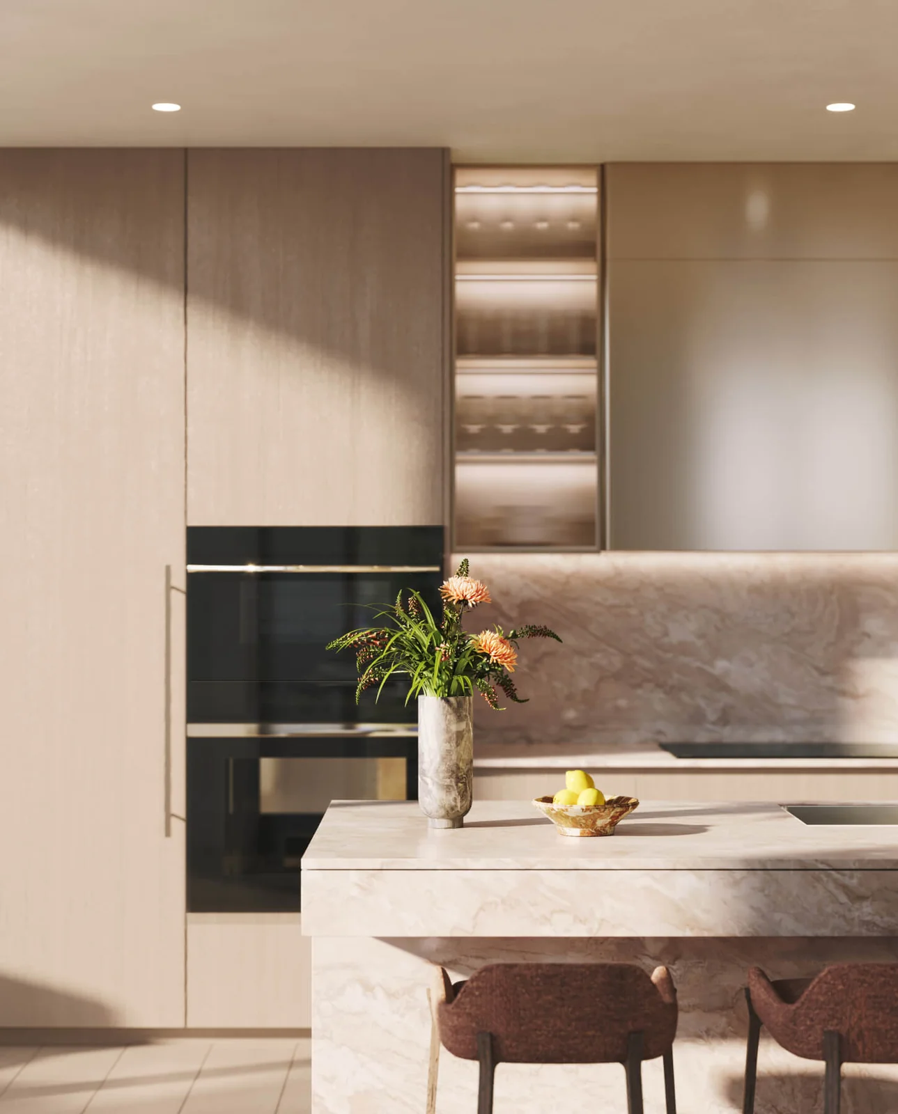 Banyan Tree Residences West Palm Beach kitchen by Yabu Pushelberg with marble island and Sub-Zero and Wolf appliances
