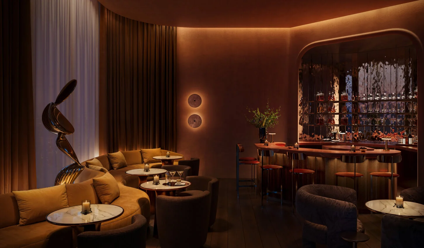 Banyan Tree Residences West Palm Beach Speakeasy cocktail bar with warm lighting and curved seating