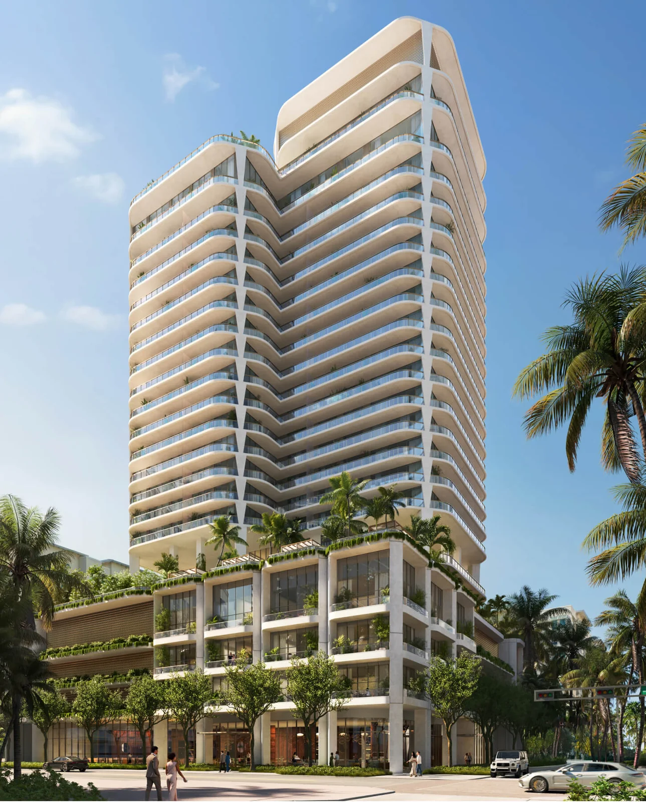 Banyan Tree Residences West Palm Beach exterior tower with curved balconies and landscaped podium, West Palm Beach