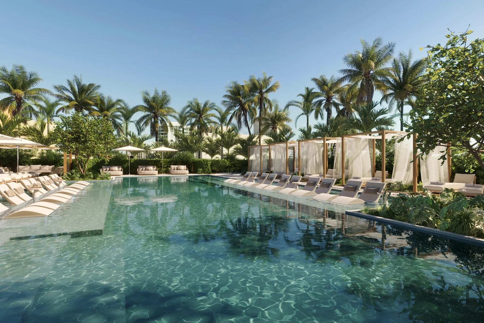 Banyan Tree Residences West Palm Beach resort-style pool deck with cabanas and palms, West Palm Beach