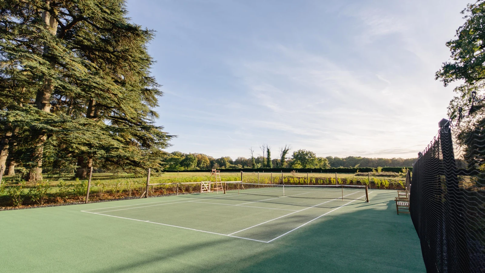 Private château estate tennis court framed by mature cedars
