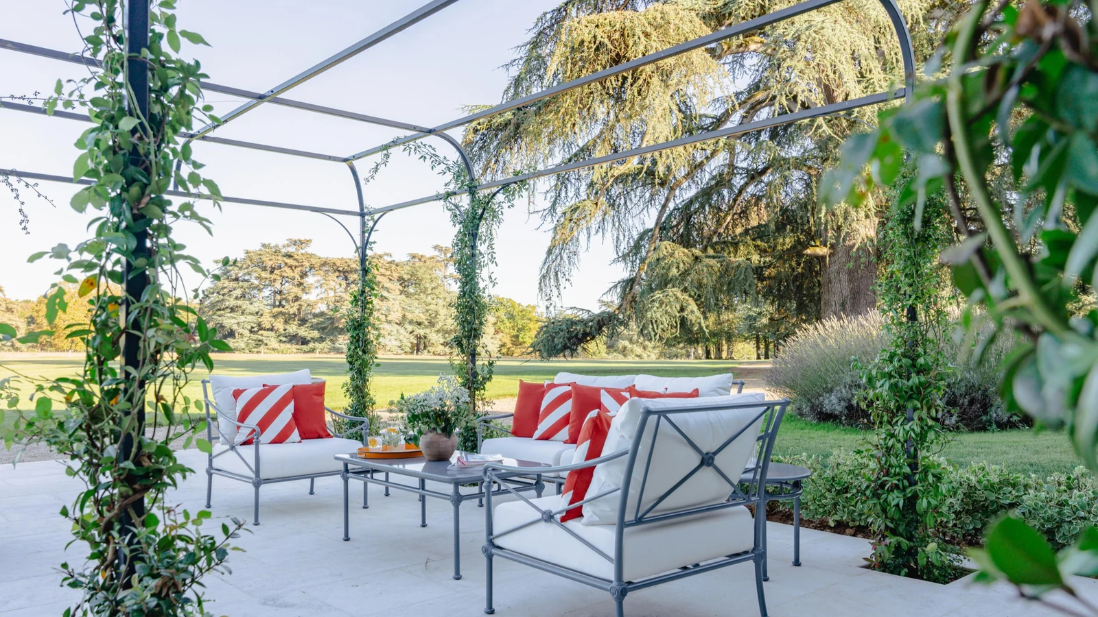 Private château estate pergola terrace with climbing planting and parkland outlook