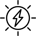 Icon of a sun with a lightning bolt inside representing solar energy.