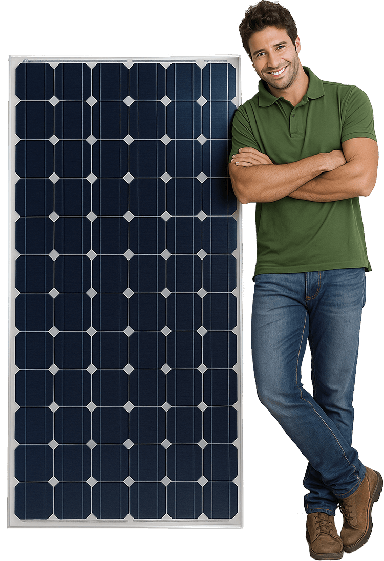 Smiling man in a green polo shirt and jeans leaning with crossed arms against a large solar panel.