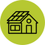 Icon of a house with solar panels on the roof and a leaf symbol representing eco-friendly energy.