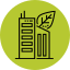 Icon of a green home with a tall building and a leaf symbol, representing eco-friendly housing.