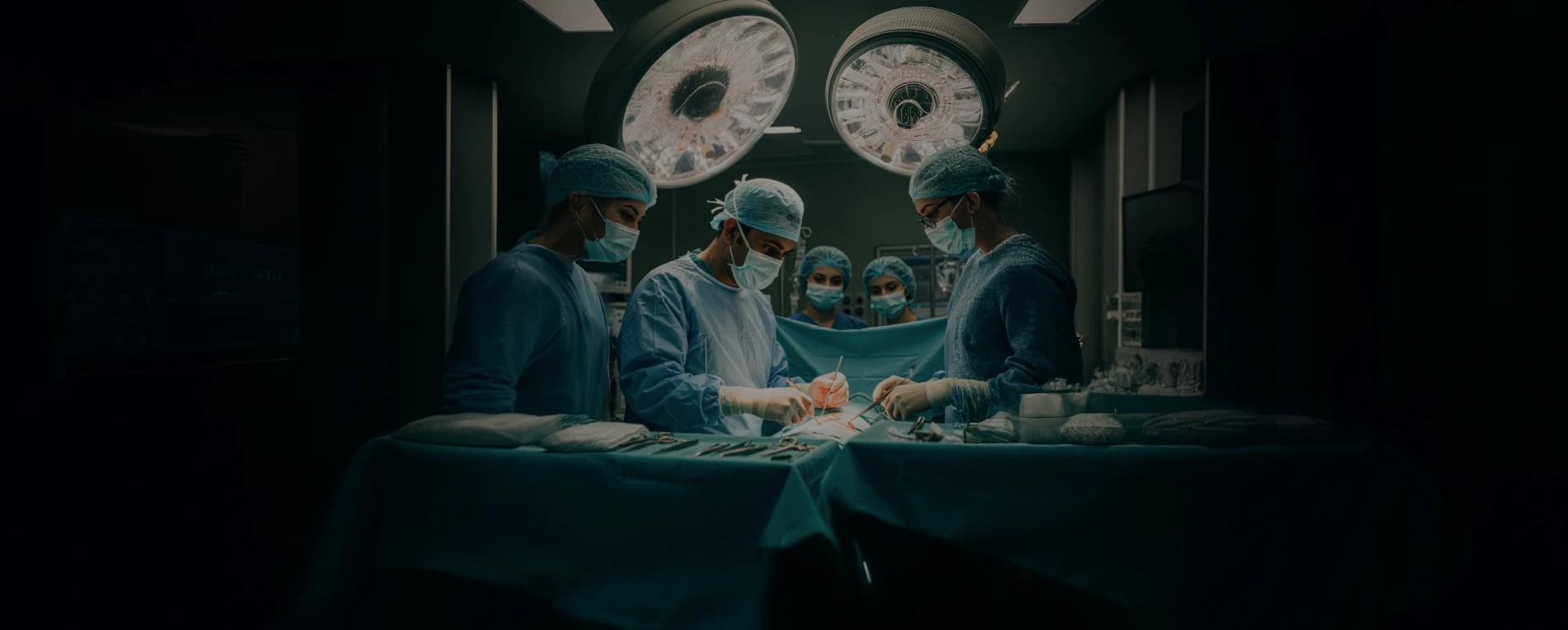 Team of surgeons in blue scrubs and masks performing surgery under bright operating room lights.