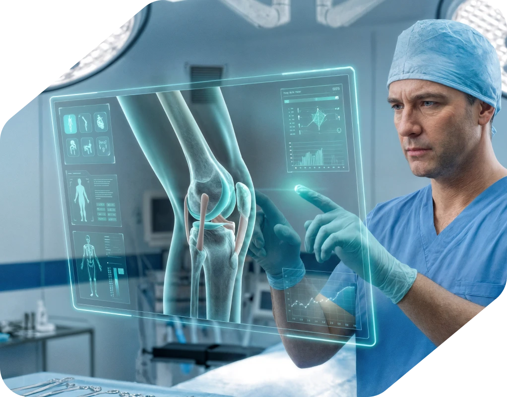 Surgeon wearing blue scrubs and gloves interacting with a futuristic transparent screen showing a detailed 3D image of a knee joint and medical data.