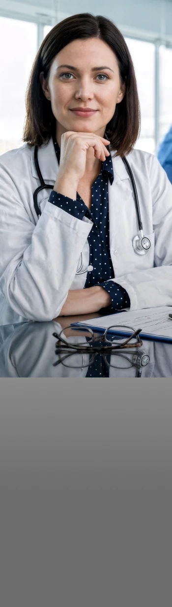 Confident female doctor in white coat with stethoscope sitting at reflective desk with glasses and clipboard.