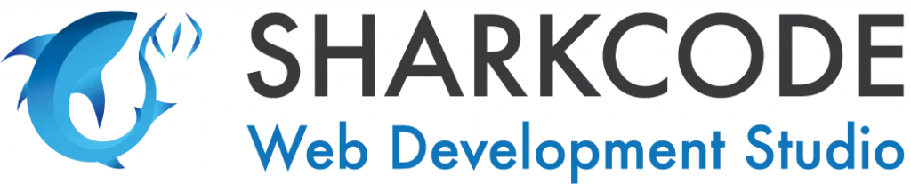 Sharkcode logo featuring a stylized blue shark icon with code brackets, accompanied by the text 'SHARKCODE Web Development Studio'.