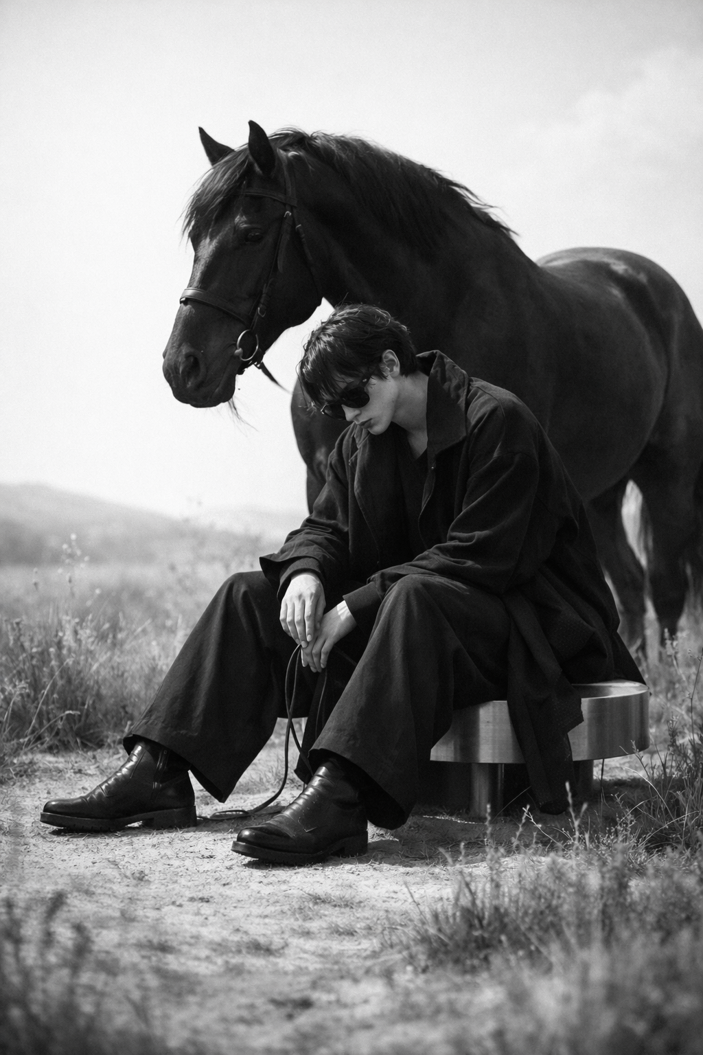 Black-and-white photo of a person in dark clothing and sunglasses sitting on a round stool outdoors with a black horse standing behind them.