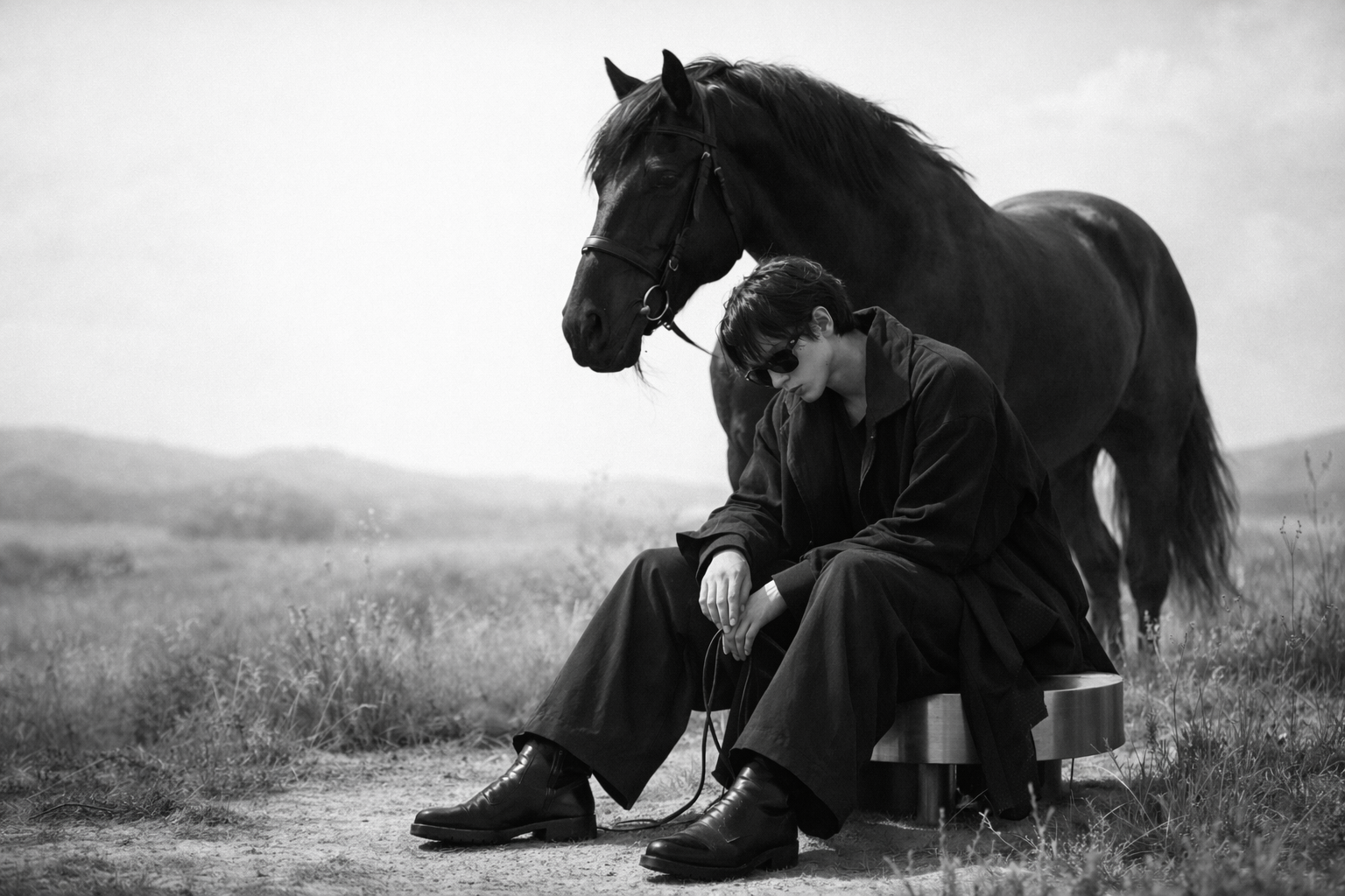 Person wearing dark clothing and sunglasses sitting on a round stool in a field with a large black horse standing behind them.