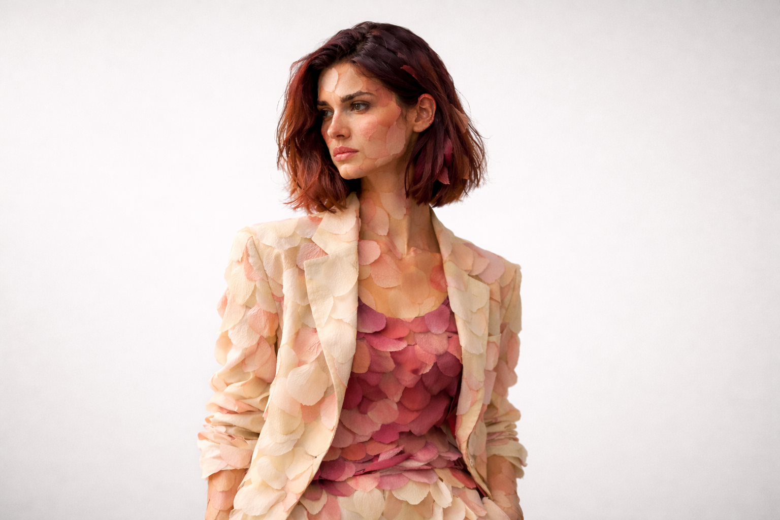 Woman with shoulder-length auburn hair wearing a beige and pink petal-textured blazer and top looking to the side.