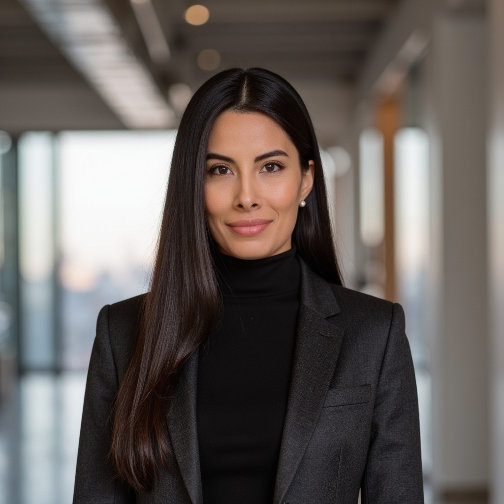 Portrait of a confident woman with long dark hair wearing a black blazer and turtleneck in a modern office.