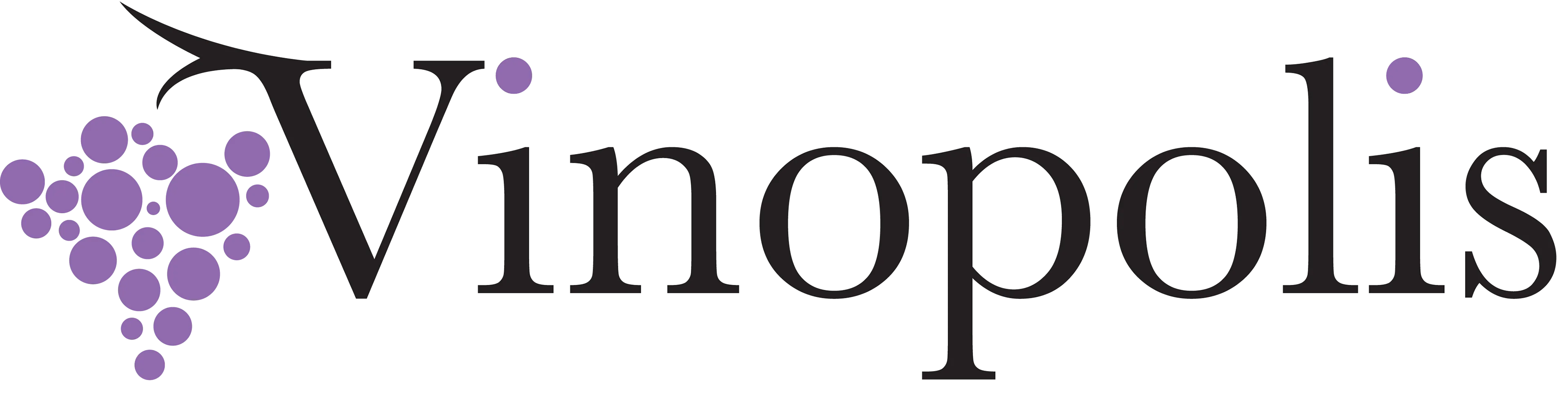 Vinopolis logo with stylized black text and a cluster of purple circles resembling grapes to the left.