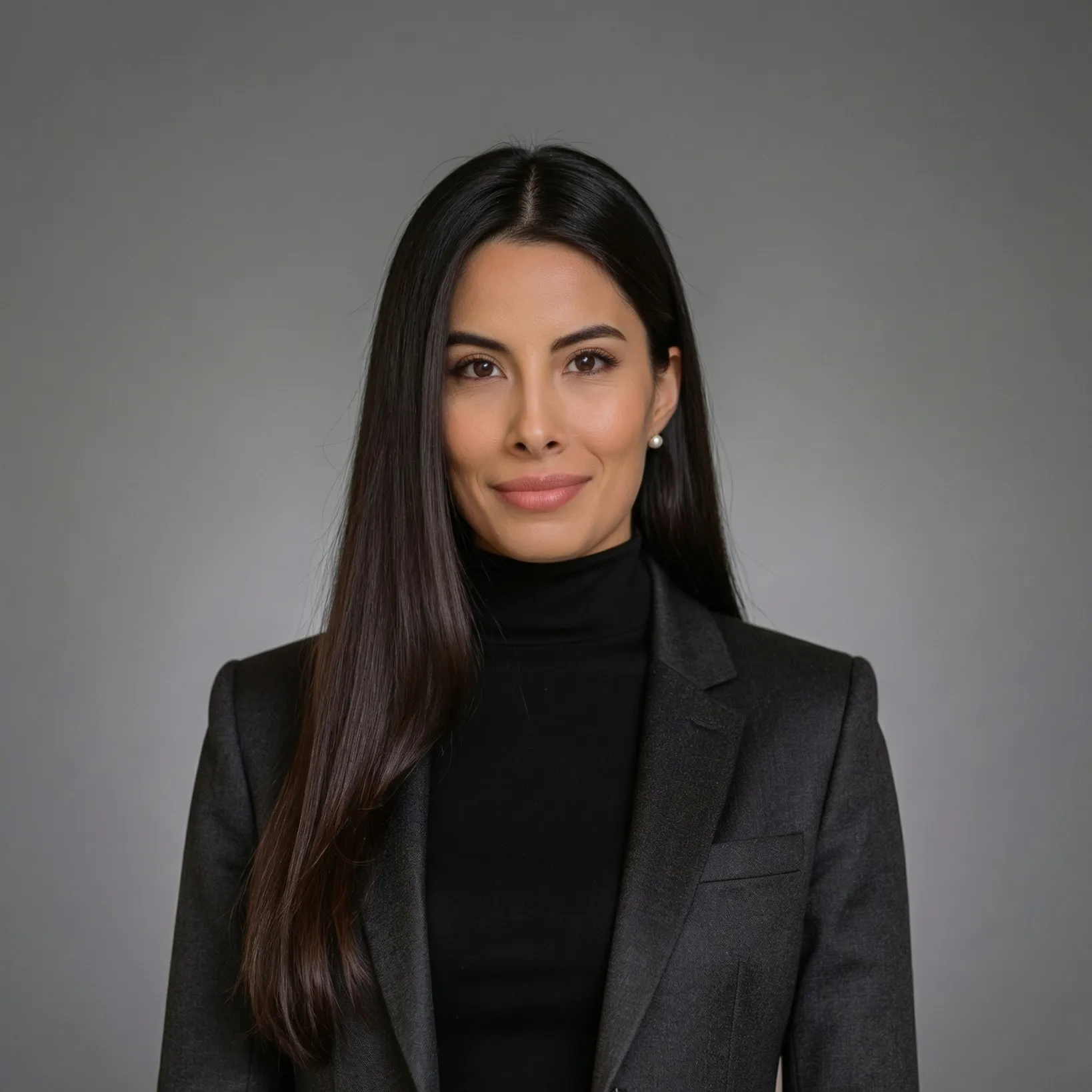 Portrait of a confident woman with long dark hair wearing a black blazer and turtleneck in a modern office.