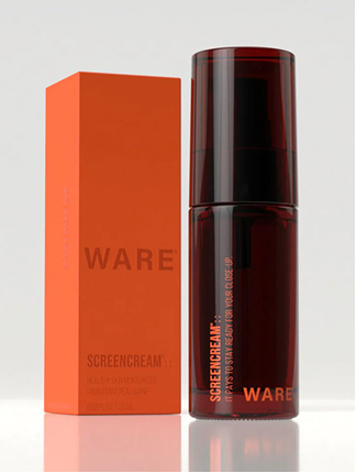 ARE – dark red Screencream bottle with matching orange box in a clean studio setting.