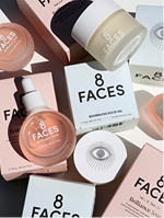 8 Faces – blush and cream skincare jars and boxes arranged in a soft, neutral flat lay.