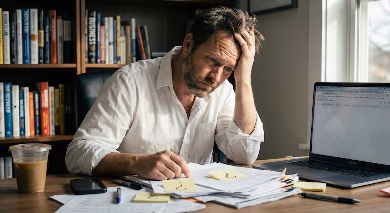 Un homme se tenant la tête et ne sachant plus quoi faire face à ses erreurs.