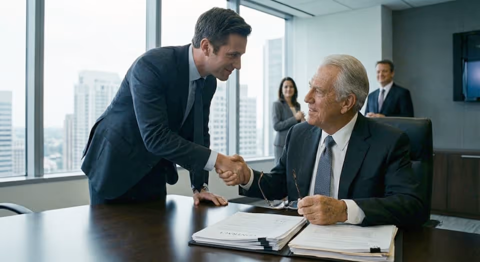 Deux hommes se serrant la main après un débat sur l'enjeu économique. 