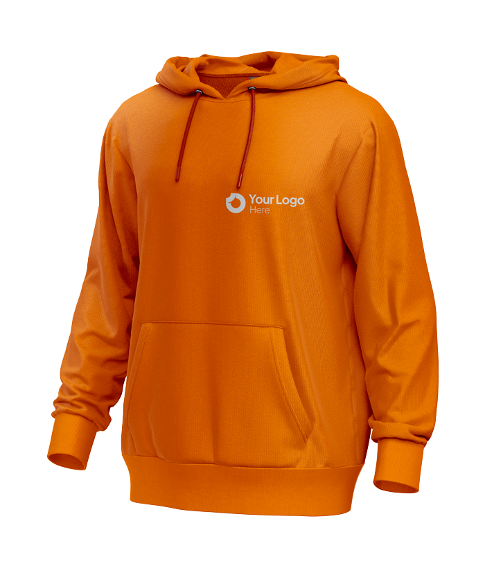 An orange hoodie with a front pocket and blank logo space on the chest.