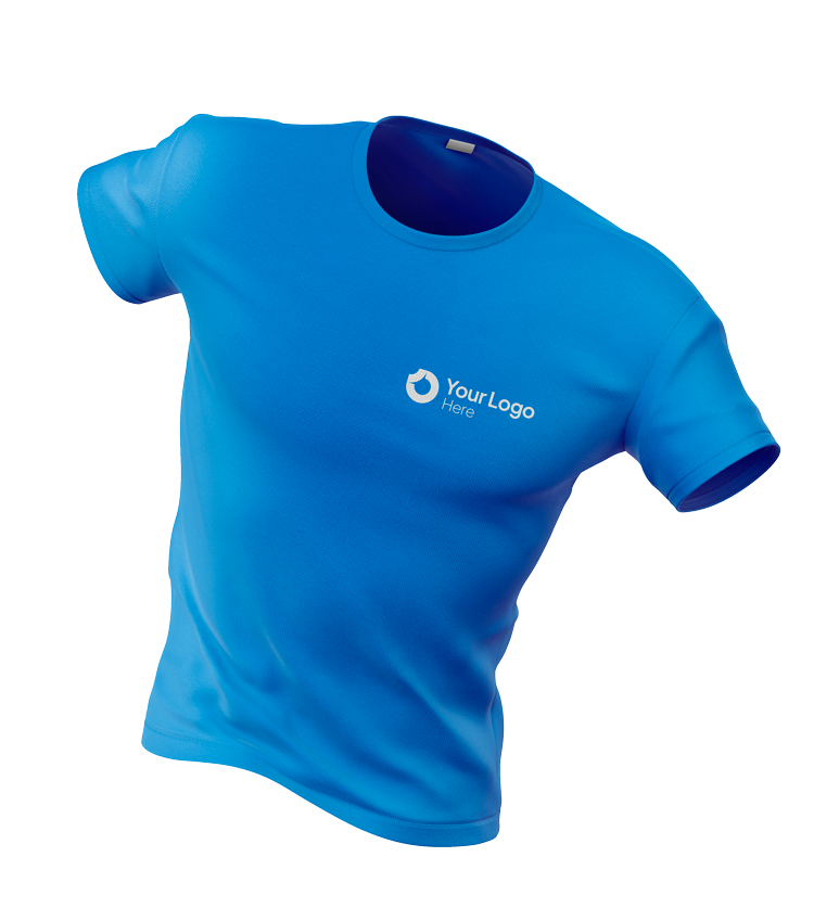 A blue t-shirt with a small logo on the chest.