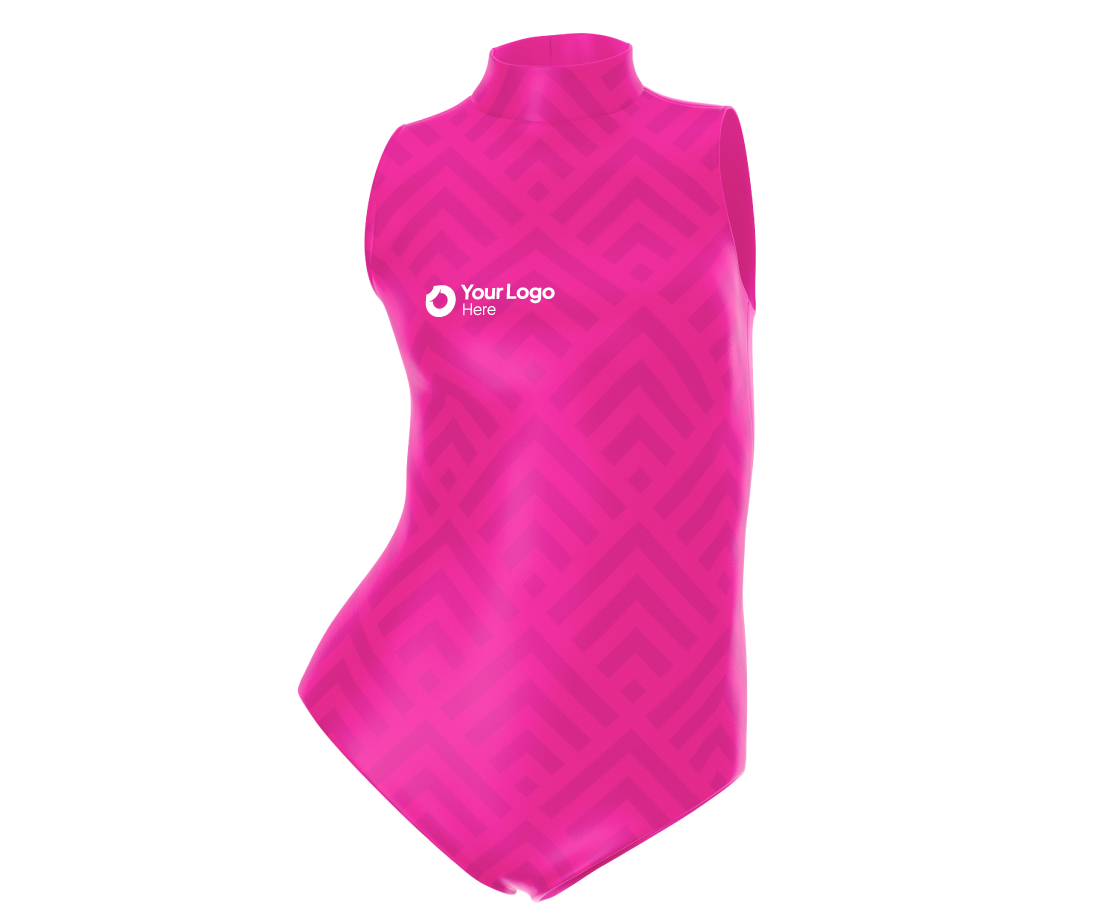 A pink sleeveless bodysuit with a geometric pattern and a space for a logo on the chest.