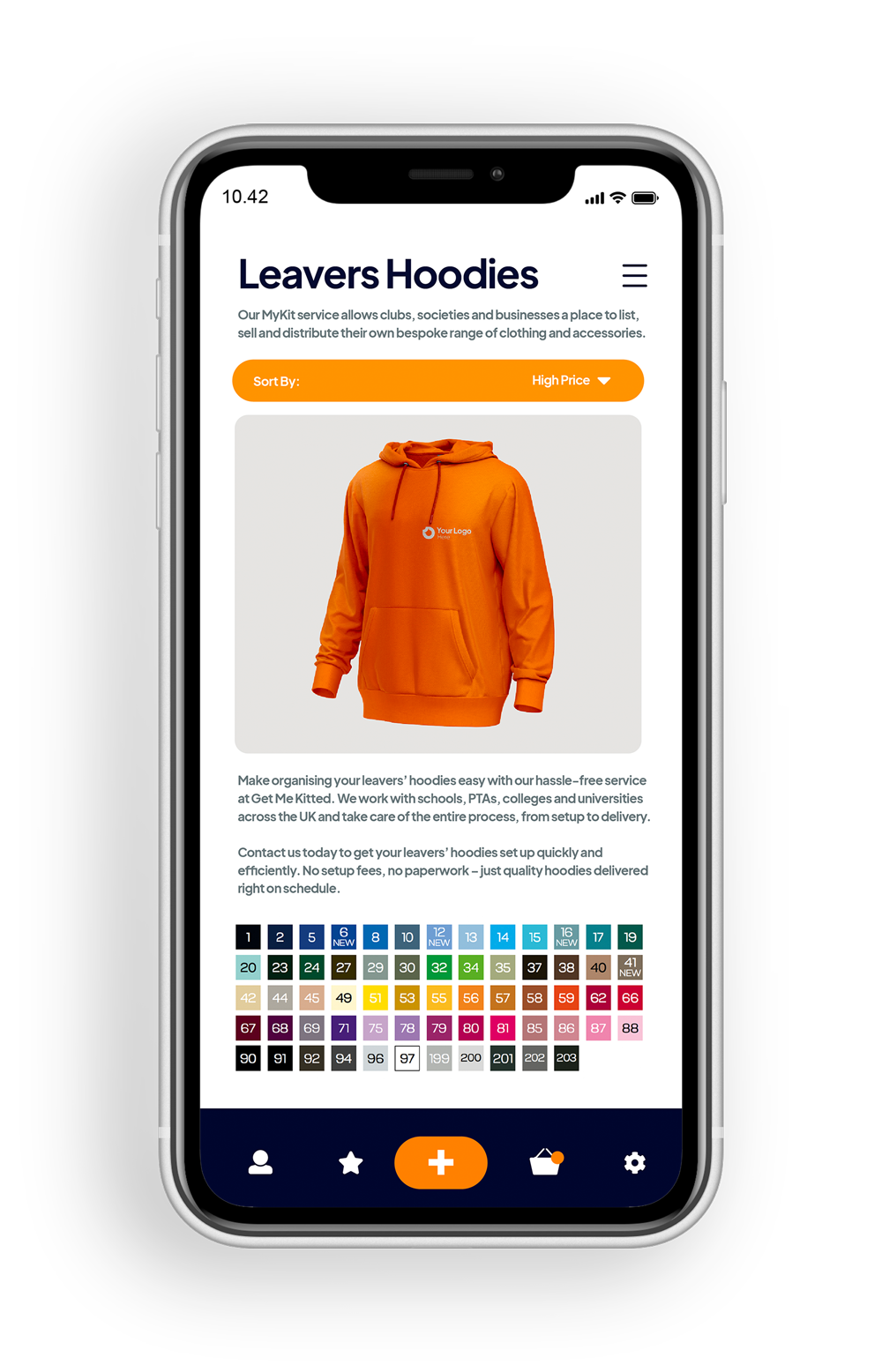 Smartphone displaying a webpage featuring customizable orange hoodies for sale, with price sorting options.