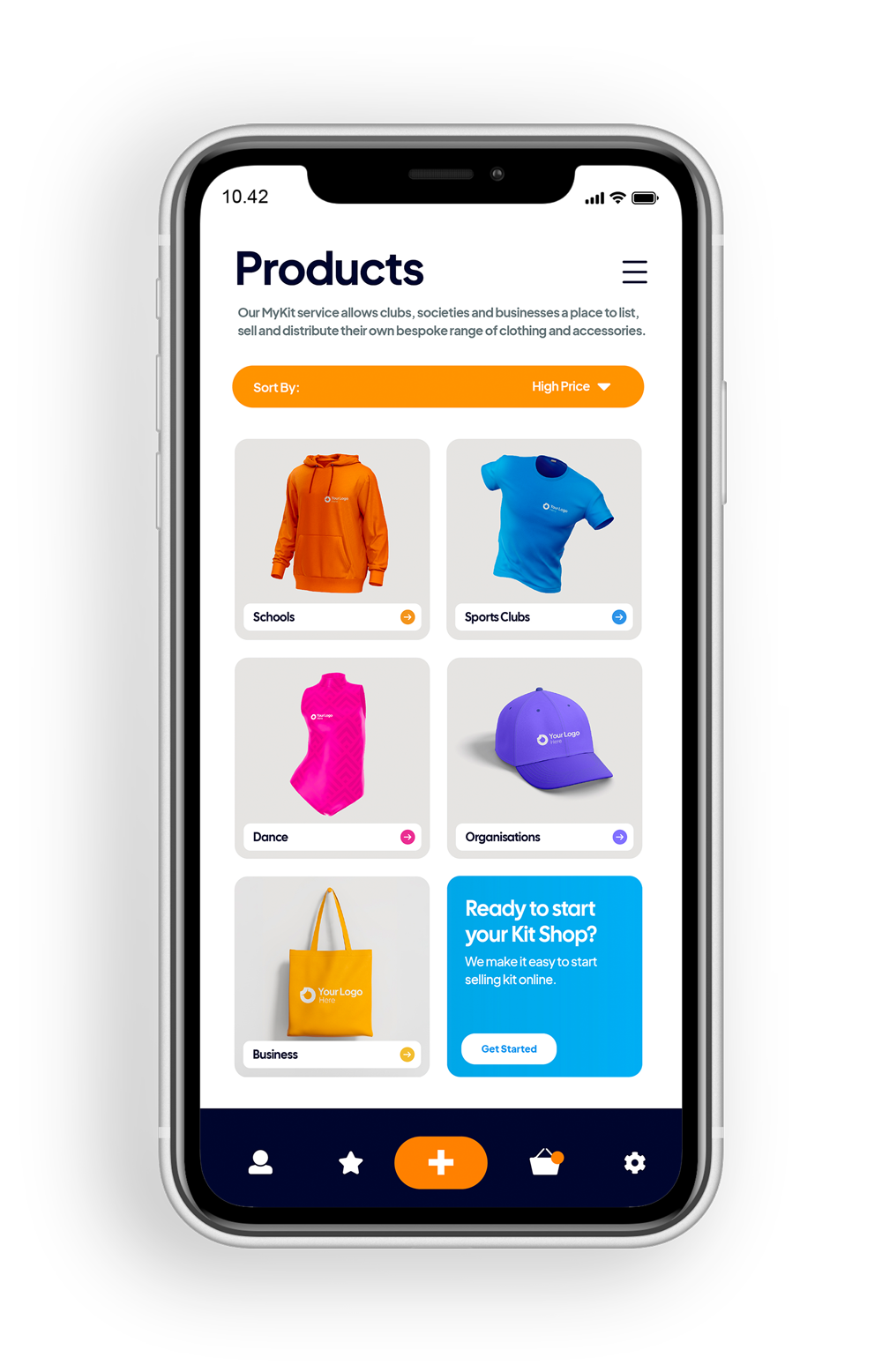 A smartphone screen displaying a product app with options like school and sports clothing.