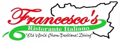 Logo of Francesco's Ristorante Italiano featuring a map outline, red cursive text, and green accent with the tagline 'Old World Charm, Traditional Dining'.