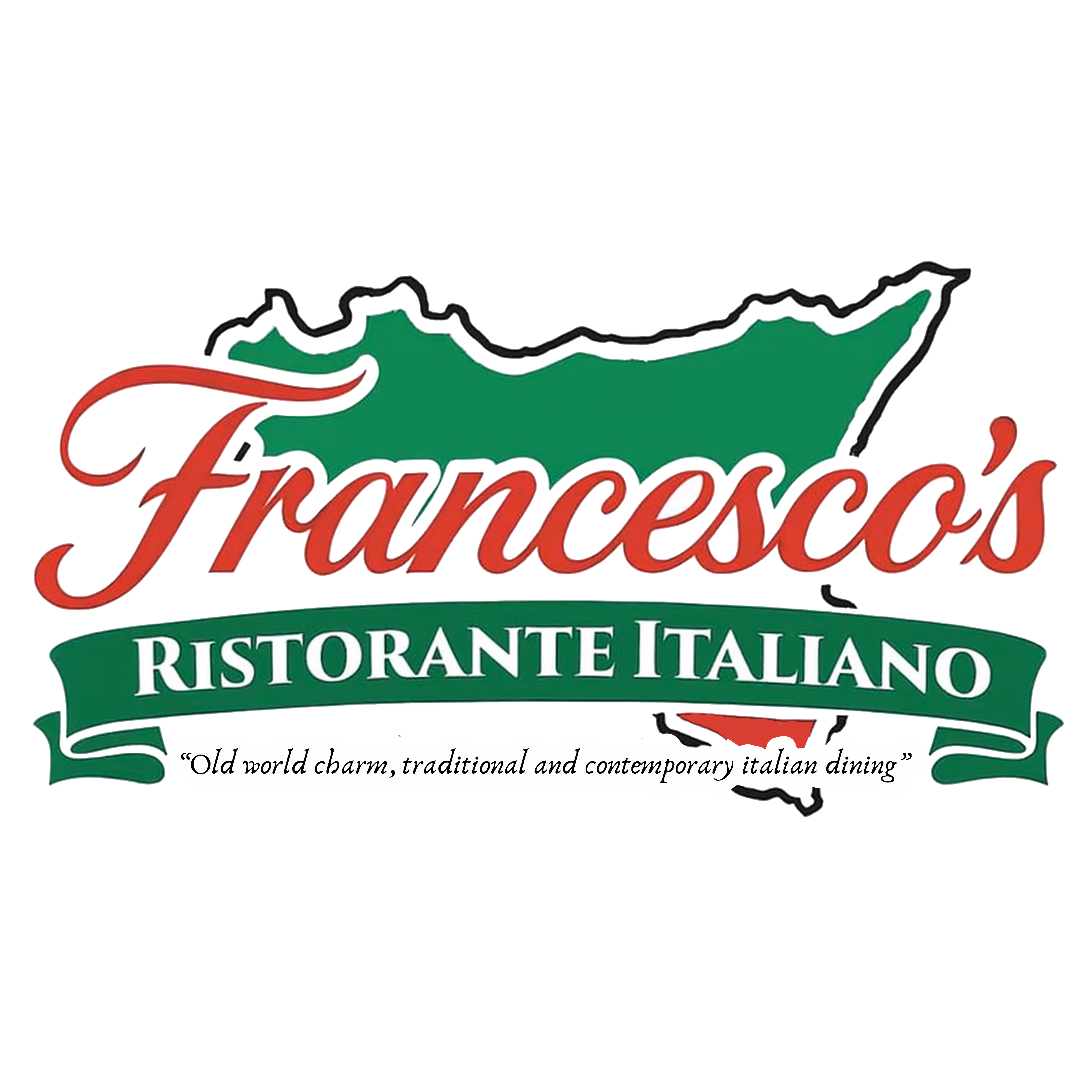 'Francesco's Ristorante Italiano' logo with a green map of Italy in the background and the slogan 'Old world charm, traditional and contemporary Italian dining.'