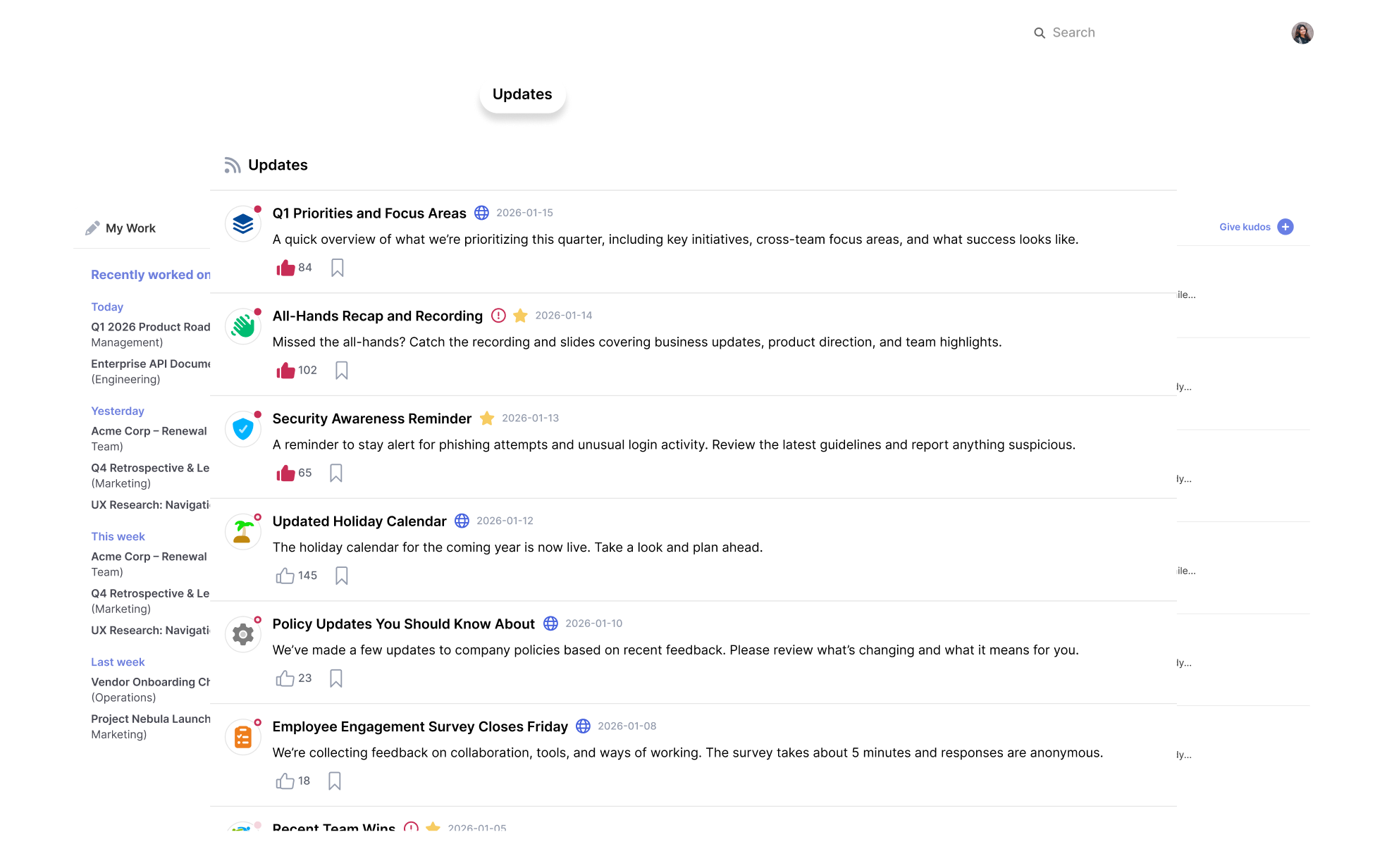 ContextSpace dashboard showing a My Feed section with prioritized work updates and notifications.